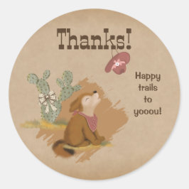 Pegatina Redonda Occidente Cowgirl Coyote Senderos Felices Gracias