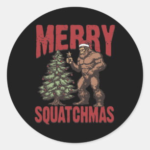 Pegatina Redonda Occidente retro Merry Squatchmas Funny Bigfoot San