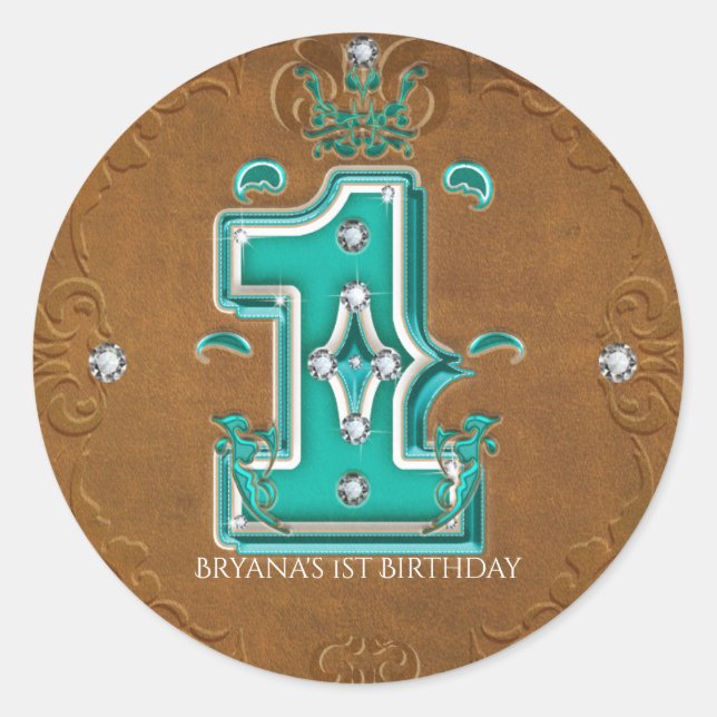 Pegatina Redonda Occidente Rústico Marrón Faux Leather Número 1 One (Anverso)