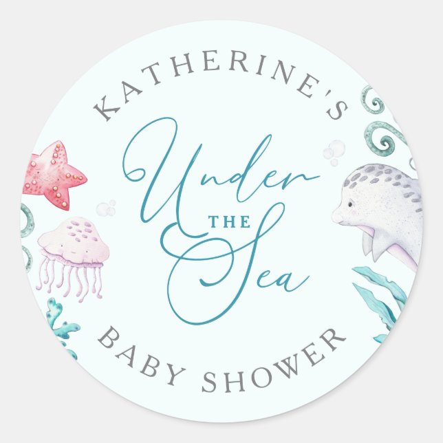 Pegatina Redonda Ocean Animals Under the Sea Boy Baby Shower (Anverso)