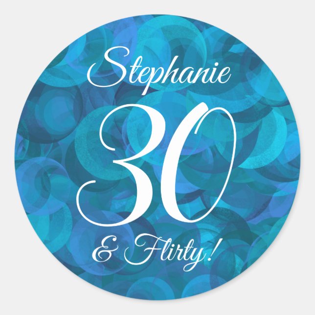 Pegatina Redonda Ocean Blue 30 y Flirty Birthday Favor (Anverso)