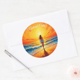 Pegatina Redonda Ocean golden hour brillar naranja atardecer arte
