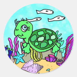 Pegatina Redonda Océano de tortuga tropical suave