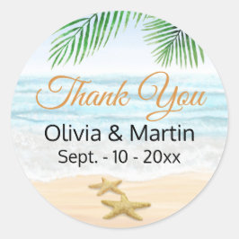 Pegatina Redonda Océano, playa y pez estrella