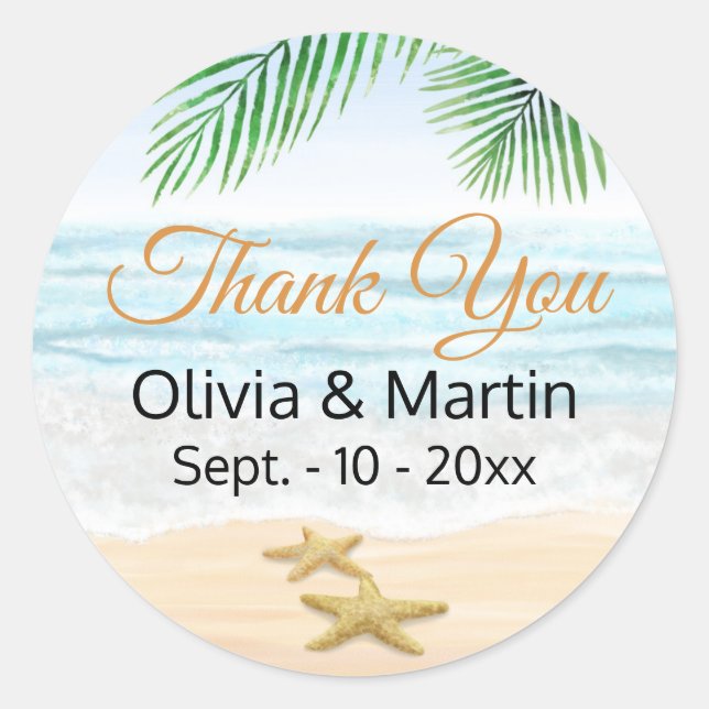 Pegatina Redonda Océano, playa y pez estrella (Anverso)