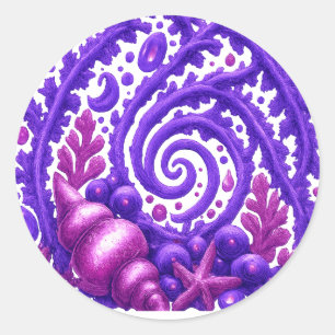 Pegatina Redonda Océano púrpura espiral Arte de concha de fantasía