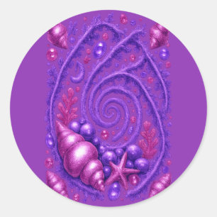 Pegatina Redonda Océano púrpura espiral Arte de concha de fantasía 