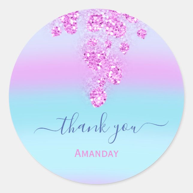 Pegatina Redonda Océano Rosa Brillante Azul Boda Dulce16th Gracias (Anverso)