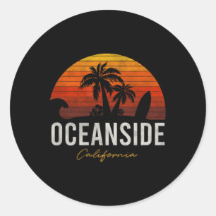 Pegatina Redonda Oceanside Beach California Palms Vacation Surf Sun