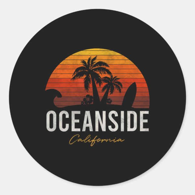 Pegatina Redonda Oceanside Beach California Palms Vacation Surf Sun (Anverso)