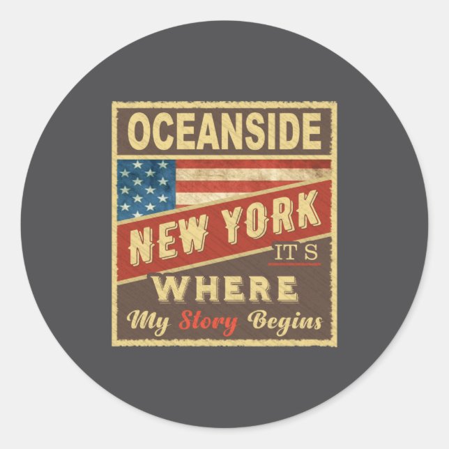 Pegatina Redonda Oceanside Ny Its Where My Story Begins  (Anverso)