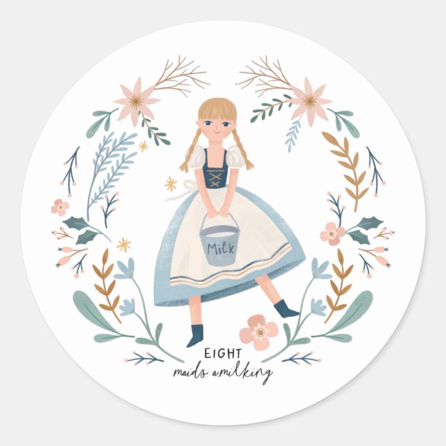 Pegatina Redonda Ocho empleadas domésticas ordeñando 12 días de Nav (Anverso)