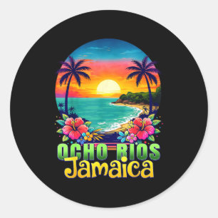 Pegatina Redonda Ocho ríos jamaica playa puesta de sol tropical ver
