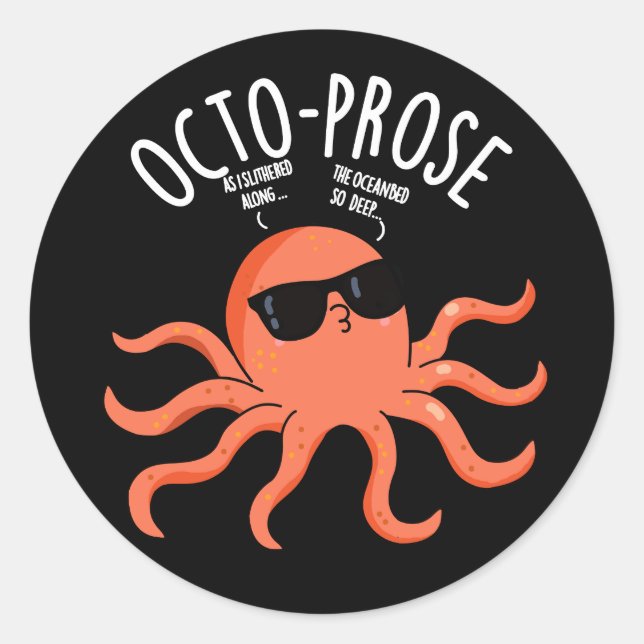 Pegatina Redonda Octo-prosa Graciosa Octopus Pun Dark BG (Anverso)