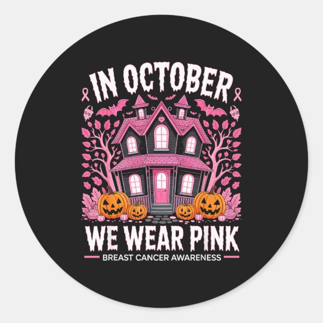 Pegatina Redonda October We Wear Nk Breast Cancer Halloween Men Wom (Anverso)