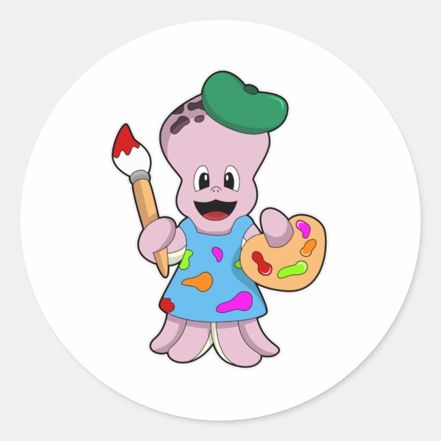 Pegatina Redonda Octopus as Painter con pincel de pintura (Anverso)