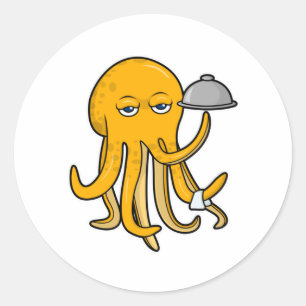 Pegatina Redonda Octopus as Waiter con toalla de servicio
