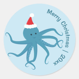 Pegatina Redonda Octopus azul Santa Merry Christmas