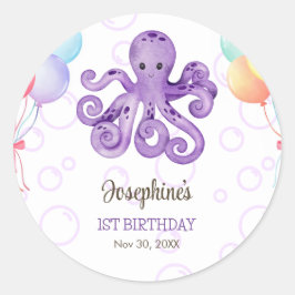 Pegatina Redonda Octopus Balloon Purple Bubble Kids Cumpleaños