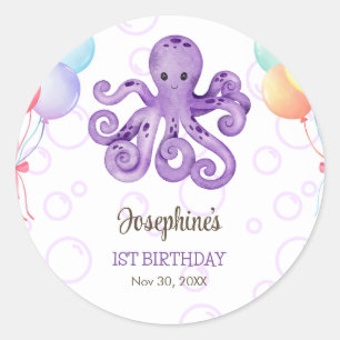 Pegatina Redonda Octopus Balloon Purple Bubble Kids Cumpleaños