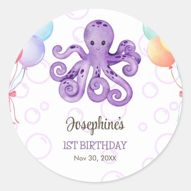 Pegatina Redonda Octopus Balloon Purple Bubble Kids Cumpleaños (Anverso)