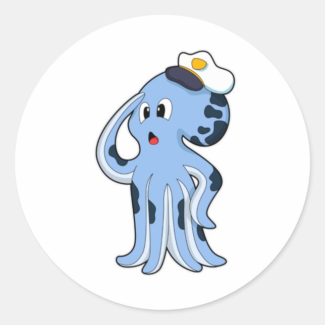 Pegatina Redonda Octopus como capitán con gorra (Anverso)