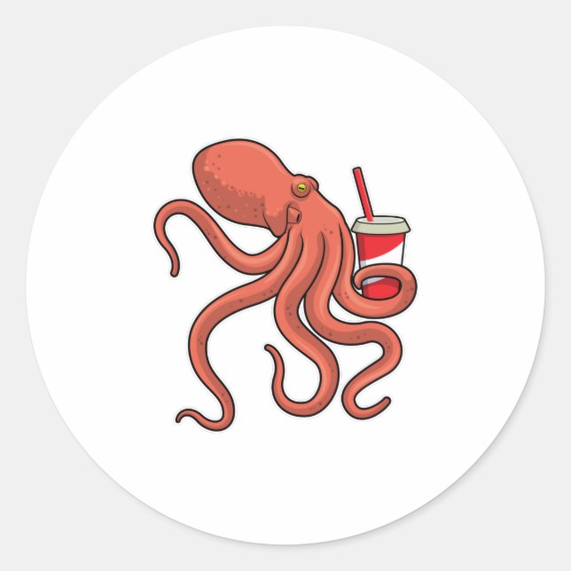 Pegatina Redonda Octopus con bebida (Anverso)