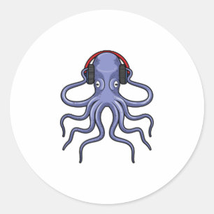 Pegatina Redonda Octopus en la música con auriculares