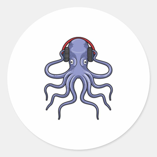 Pegatina Redonda Octopus en la música con auriculares (Anverso)