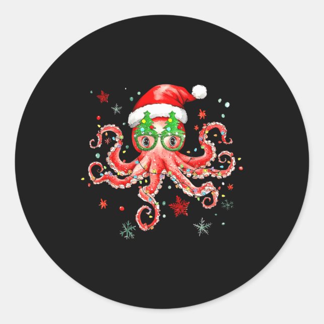 Pegatina Redonda Octopus Gles Santa Hat Christmas Light Ocean Anima (Anverso)