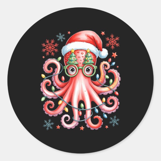 Pegatina Redonda Octopus Gles Santa Hat Christmas Light Ocean Anima (Anverso)