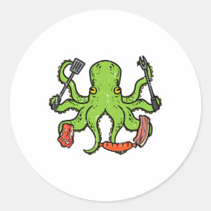 Pegatina Redonda Octopus Grilling Bbq Funny Byrbecut Meat Lover Hom