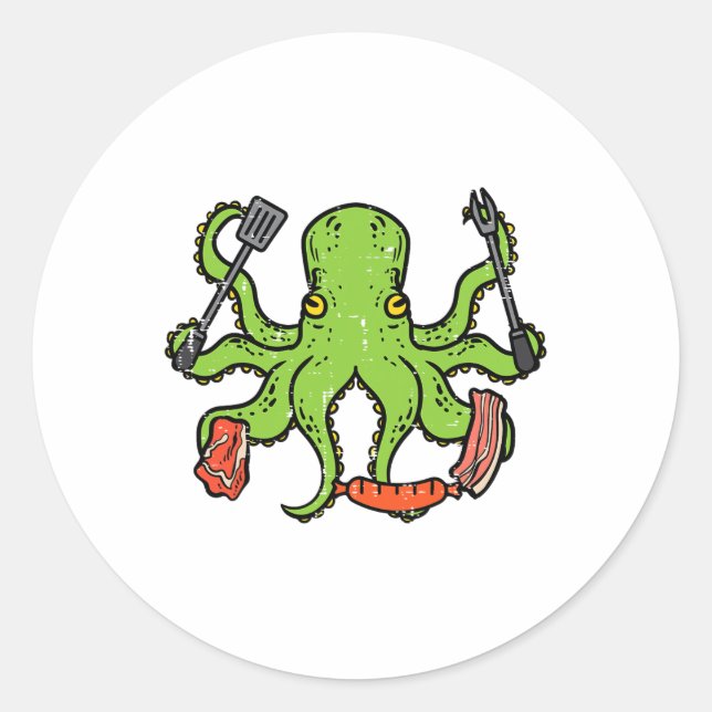 Pegatina Redonda Octopus Grilling Bbq Funny Byrbecut Meat Lover Hom (Anverso)