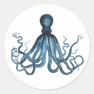 Pegatina Redonda Octopus kraken playa marina costera océano