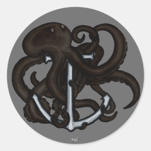 Pegatina Redonda Octopus negro sobre ancla