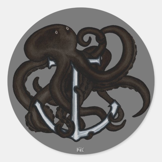 Pegatina Redonda Octopus negro sobre ancla (Anverso)