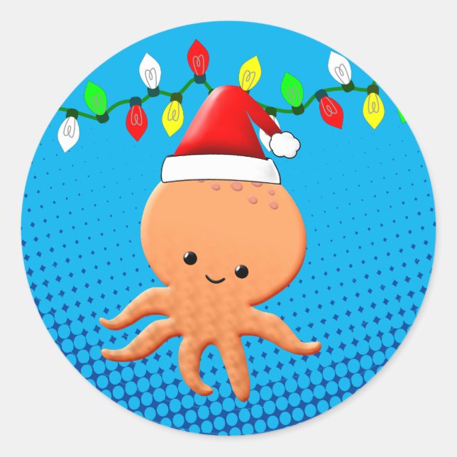 Pegatina Redonda Octopus Personalizado lindo Navidades Santa Hat (Anverso)