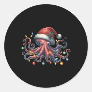 Pegatina Redonda Octopus Santa Navidades enciende el océano Octopus