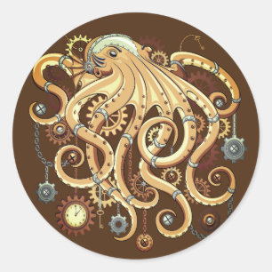 Pegatina Redonda Octopus Steampunk Surreal Retro Style Machine