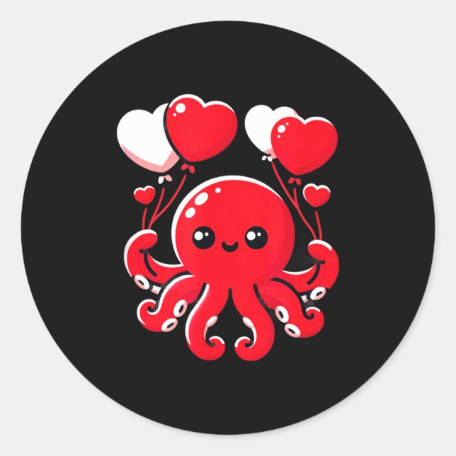 Pegatina Redonda Octopus With Heart Balloons Adorable Valentines Da (Anverso)