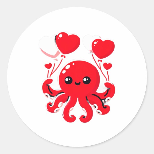 Pegatina Redonda Octopus With Heart Lloons Adorable Valentines Day  (Anverso)