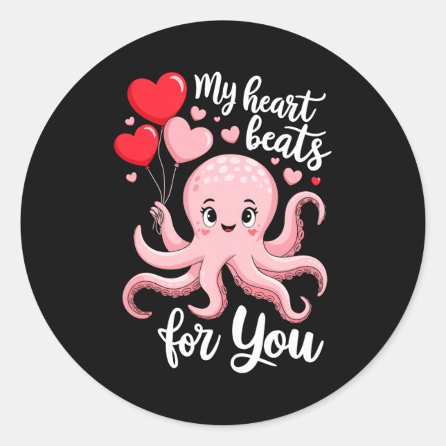 Pegatina Redonda Octopus With Heart Lloons My Heart Beats For You V (Anverso)