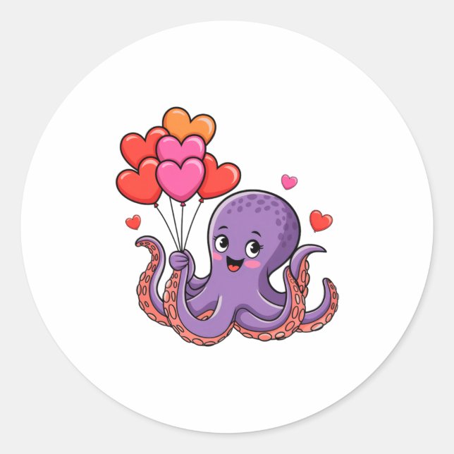Pegatina Redonda Octopus With Heart Lloons Valentine Day  (Anverso)