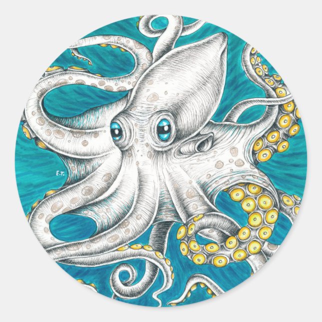 Pegatina Redonda Octots Tentacles Tentacles Tinta verde verde azula (Anverso)