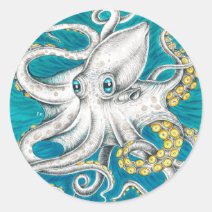 Pegatina Redonda Octots Tentacles Tentacles Tinta verde verde azula