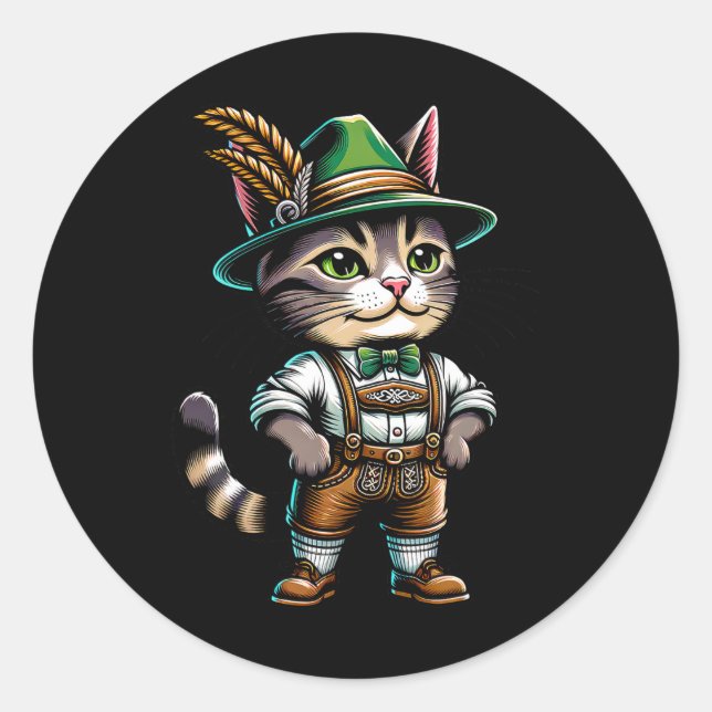 Pegatina Redonda Octubre Fiesta Cat Funny German Bavarian Lederhose (Anverso)