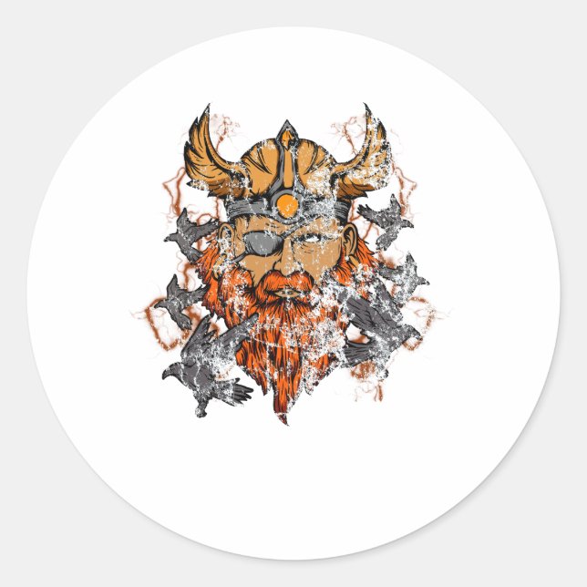 Pegatina Redonda Odin y su mitología nórdica angustiada (Anverso)