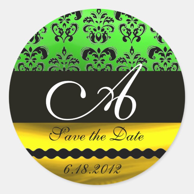 Pegatina Redonda ODIO VERDE NEGRO DAMASK MONOGRAM Guardar fecha (Anverso)