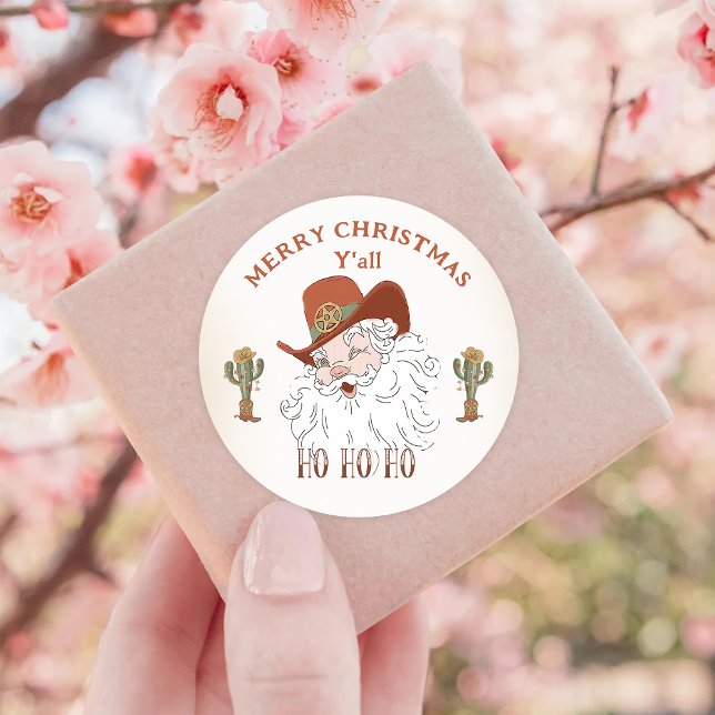 Pegatina Redonda Oeste Cowboy Santa Merry Christmas Y'all (Subido por el creador)