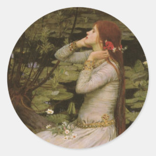 Pegatina Redonda Ofelia junto al estanque de John William Waterhous
